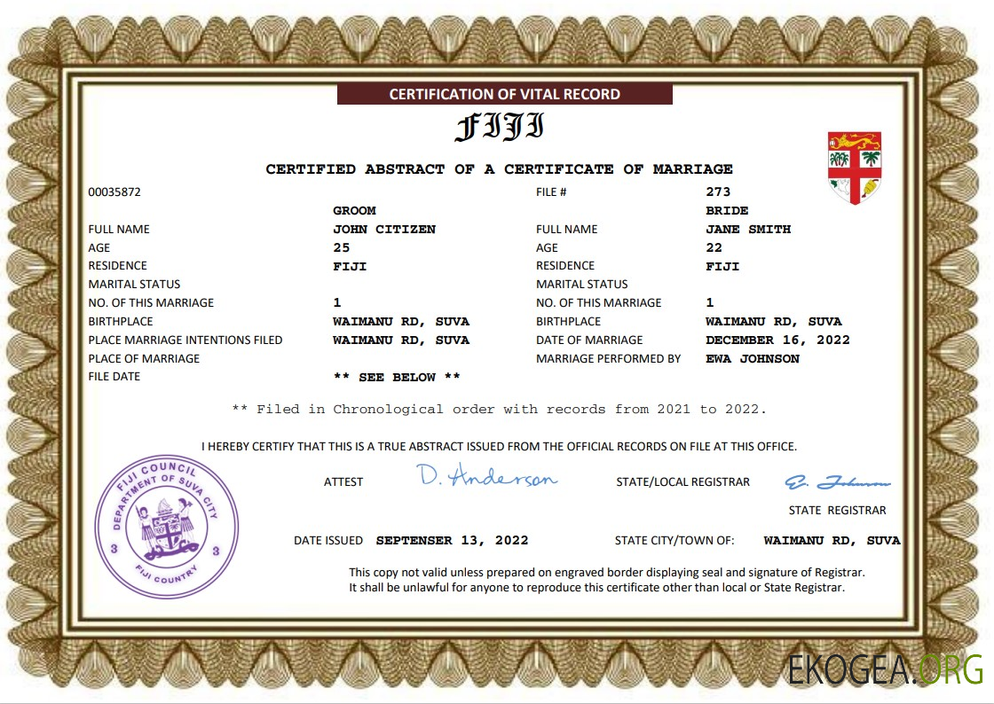 Modèle Word et PDF de certificat de mariage aux Fidji